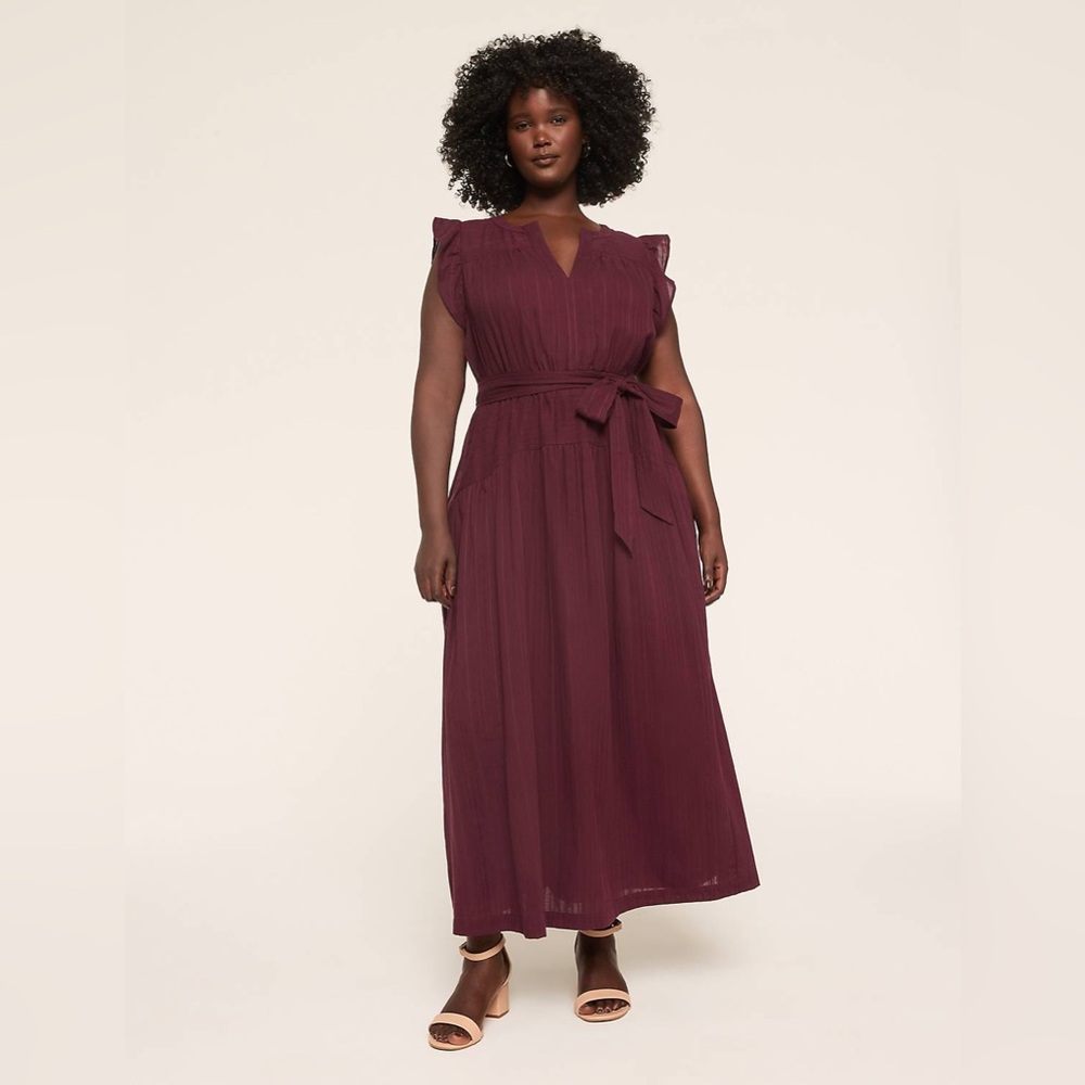 Lane Bryant plum purple textured maxi dress with flutter sleeves 24 Tie Waist